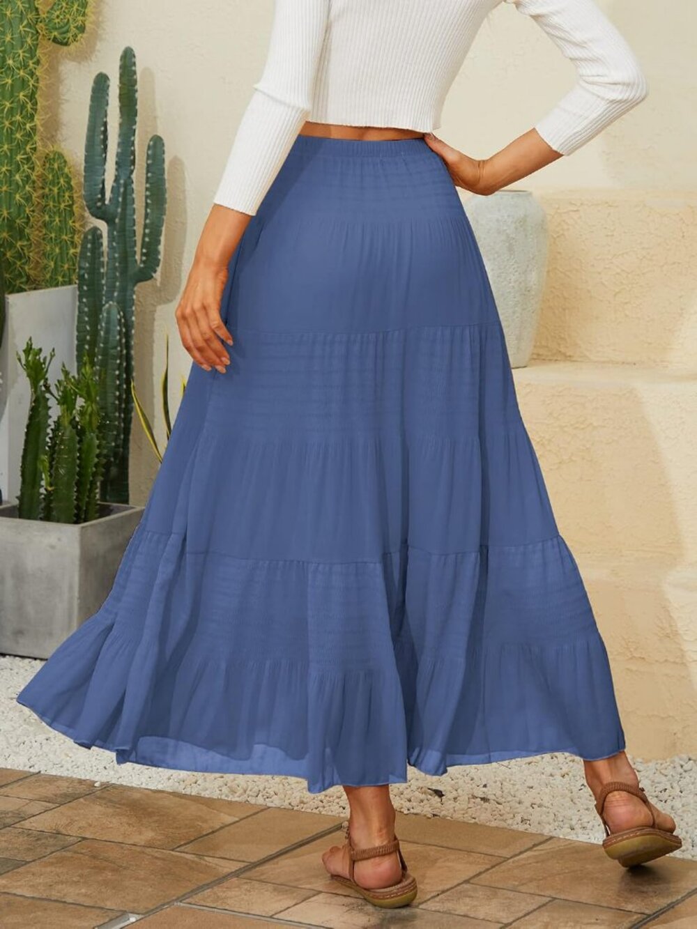 Women's Blue Chiffon Elastic High Waisted Pleated Flared A-Line Long Skirt - Picture 3 of 6